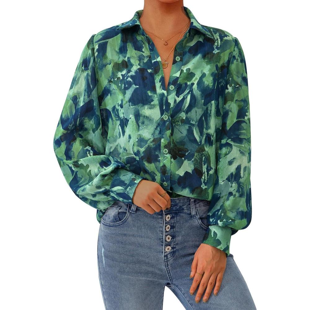 imagePRETTYGARDEN Womens Floral Blouses Dressy Casual V Neck Button Down Shirts Lantern Long Sleeve Boho Chiffon Fall Tops 2025Green