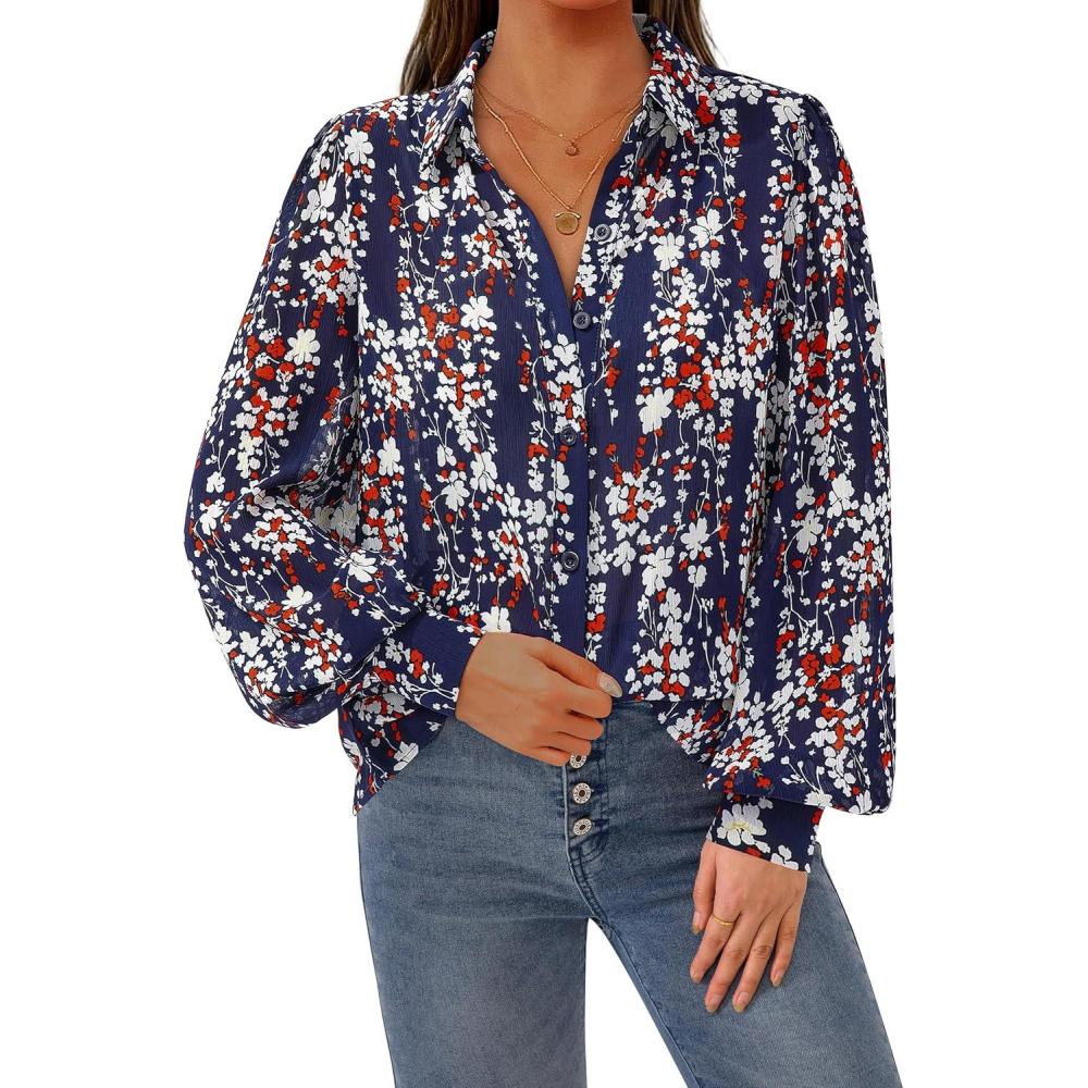 imagePRETTYGARDEN Womens Floral Blouses Dressy Casual V Neck Button Down Shirts Lantern Long Sleeve Boho Chiffon Fall Tops 2025Navy White Flower
