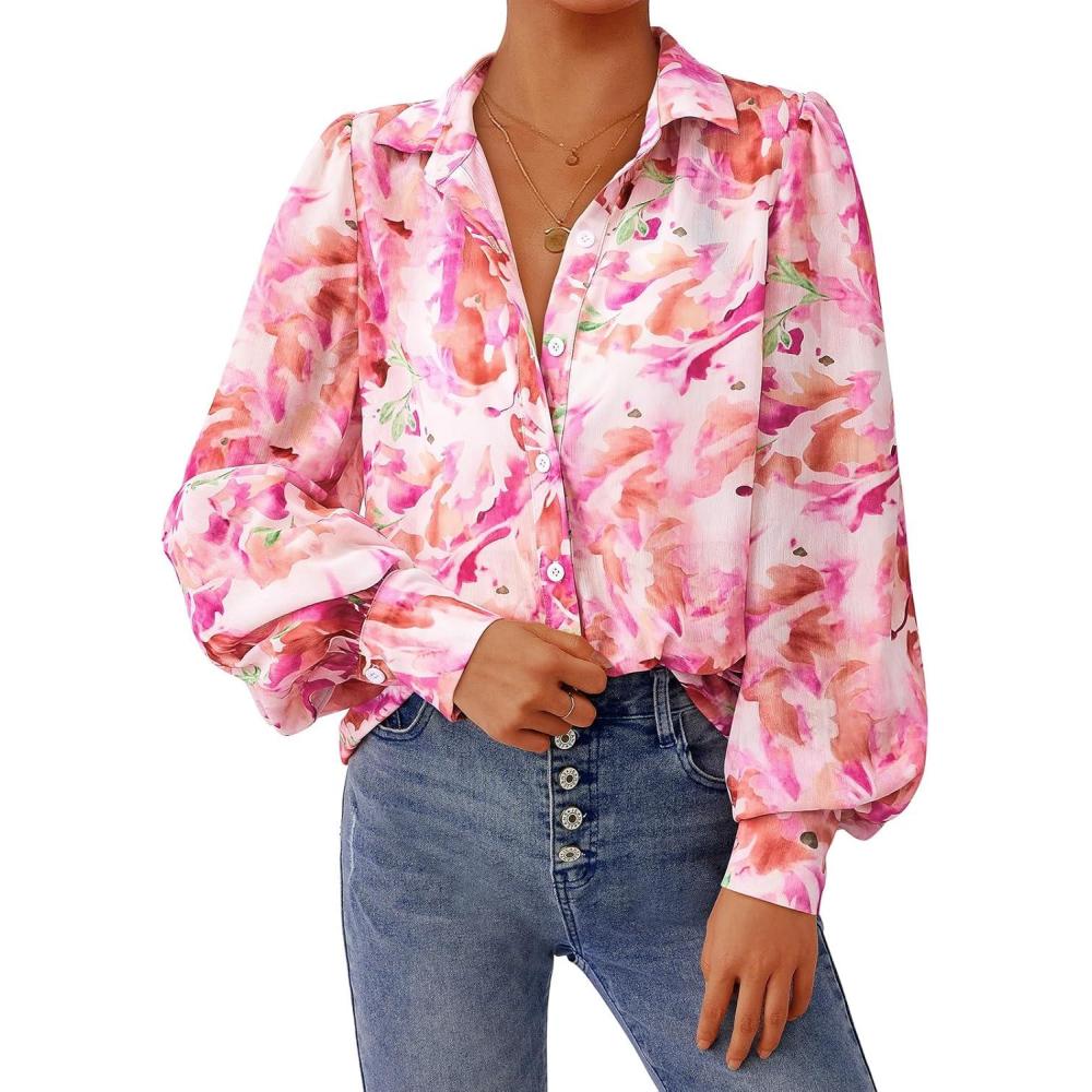 imagePRETTYGARDEN Womens Floral Blouses Dressy Casual V Neck Button Down Shirts Lantern Long Sleeve Boho Chiffon Fall Tops 2025Pink Floral