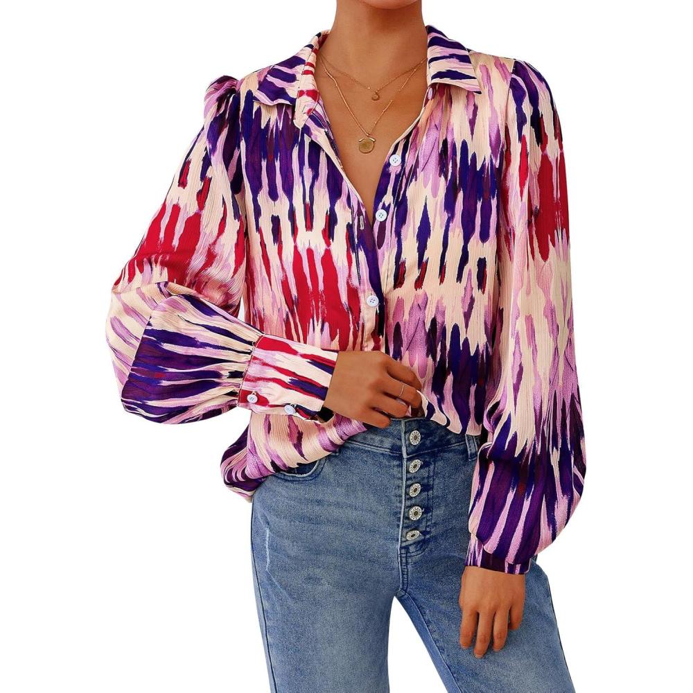 imagePRETTYGARDEN Womens Floral Blouses Dressy Casual V Neck Button Down Shirts Lantern Long Sleeve Boho Chiffon Fall Tops 2025Purple Red Floral