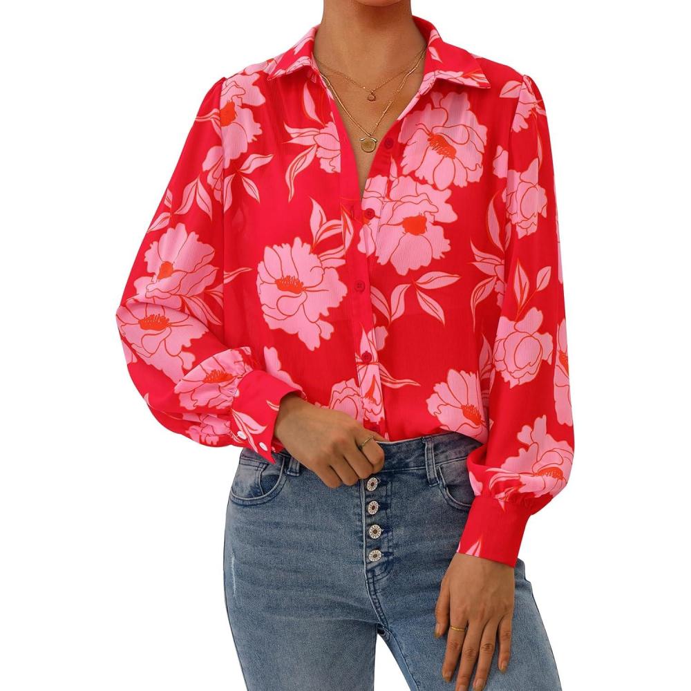imagePRETTYGARDEN Womens Floral Blouses Dressy Casual V Neck Button Down Shirts Lantern Long Sleeve Boho Chiffon Fall Tops 2025Red
