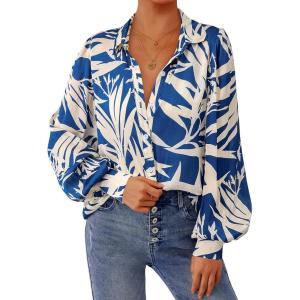 PRETTYGARDEN Women’s Floral Blouses Dressy Casual V Neck Button Down Shirts Lantern Long Sleeve Boho Chiffon Fall Tops 2025(Blue White)