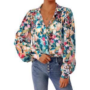 PRETTYGARDEN Women’s Floral Blouses Dressy Casual V Neck Button Down Shirts Lantern Long Sleeve Boho Chiffon Fall Tops 2025(Floral Blue Green)