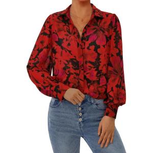 PRETTYGARDEN Women’s Floral Blouses Dressy Casual V Neck Button Down Shirts Lantern Long Sleeve Boho Chiffon Fall Tops 2025(Floral Red)