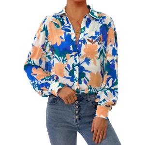 PRETTYGARDEN Women’s Floral Blouses Dressy Casual V Neck Button Down Shirts Lantern Long Sleeve Boho Chiffon Fall Tops 2025(Floral White Blue)