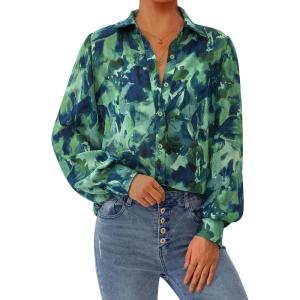 PRETTYGARDEN Women’s Floral Blouses Dressy Casual V Neck Button Down Shirts Lantern Long Sleeve Boho Chiffon Fall Tops 2025(Green)