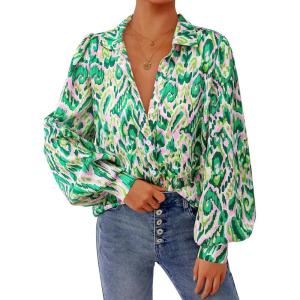 PRETTYGARDEN Women’s Floral Blouses Dressy Casual V Neck Button Down Shirts Lantern Long Sleeve Boho Chiffon Fall Tops 2025(Green Floral)