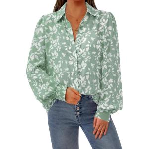 PRETTYGARDEN Women’s Floral Blouses Dressy Casual V Neck Button Down Shirts Lantern Long Sleeve Boho Chiffon Fall Tops 2025(Leaves Light Green)