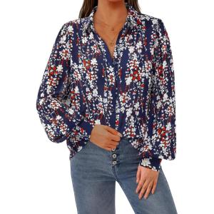 PRETTYGARDEN Women’s Floral Blouses Dressy Casual V Neck Button Down Shirts Lantern Long Sleeve Boho Chiffon Fall Tops 2025(Navy White Flower)