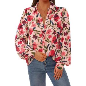 PRETTYGARDEN Women’s Floral Blouses Dressy Casual V Neck Button Down Shirts Lantern Long Sleeve Boho Chiffon Fall Tops 2025(Orange Pink Red Flower)