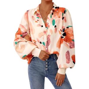 PRETTYGARDEN Women’s Floral Blouses Dressy Casual V Neck Button Down Shirts Lantern Long Sleeve Boho Chiffon Fall Tops 2025(Orange Watercolour)