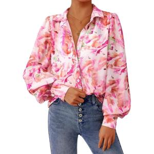 PRETTYGARDEN Women’s Floral Blouses Dressy Casual V Neck Button Down Shirts Lantern Long Sleeve Boho Chiffon Fall Tops 2025(Pink Floral)