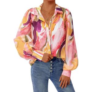 PRETTYGARDEN Women’s Floral Blouses Dressy Casual V Neck Button Down Shirts Lantern Long Sleeve Boho Chiffon Fall Tops 2025(Pink Watercolour)
