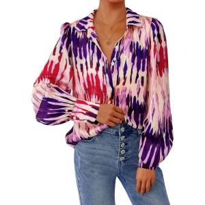 PRETTYGARDEN Women’s Floral Blouses Dressy Casual V Neck Button Down Shirts Lantern Long Sleeve Boho Chiffon Fall Tops 2025(Purple Red Floral)