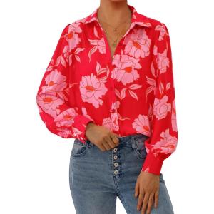 PRETTYGARDEN Women’s Floral Blouses Dressy Casual V Neck Button Down Shirts Lantern Long Sleeve Boho Chiffon Fall Tops 2025(Red)