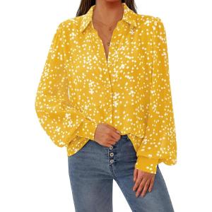PRETTYGARDEN Women’s Floral Blouses Dressy Casual V Neck Button Down Shirts Lantern Long Sleeve Boho Chiffon Fall Tops 2025(Yellow)