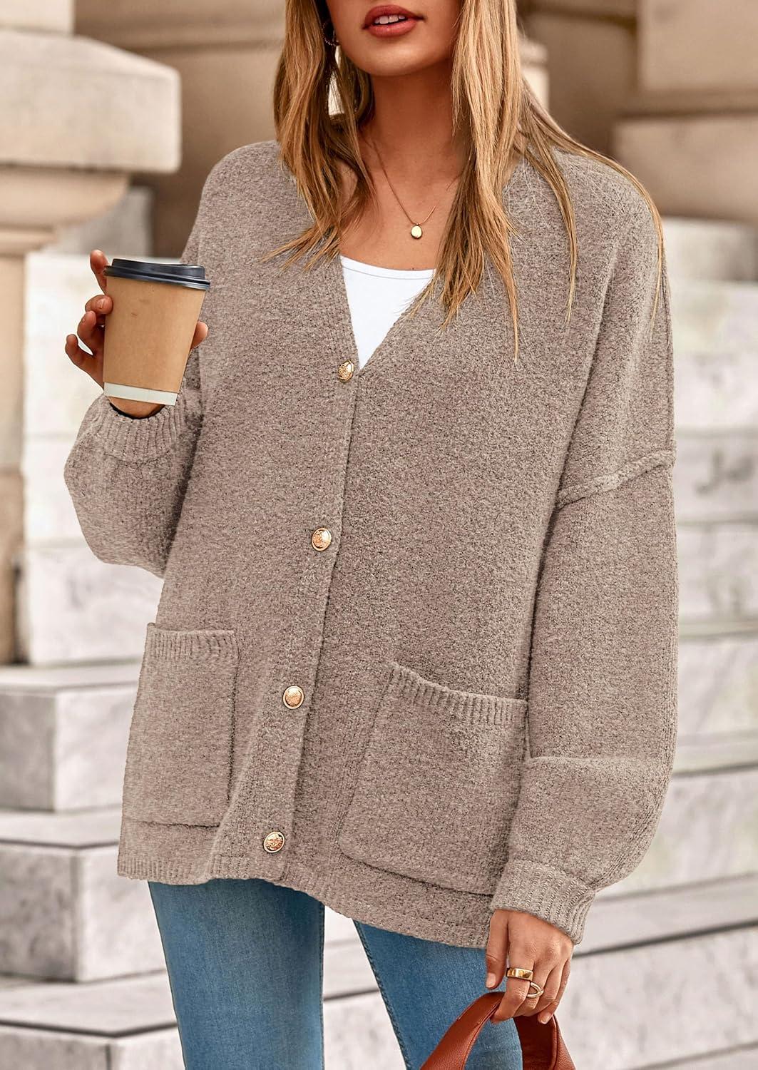imagePRETTYGARDEN Fall Chunky Cardigan Sweaters for Women 2026 Button Long Lantern Sleeve Knit Oversized Coats with PocketsLight Khaki
