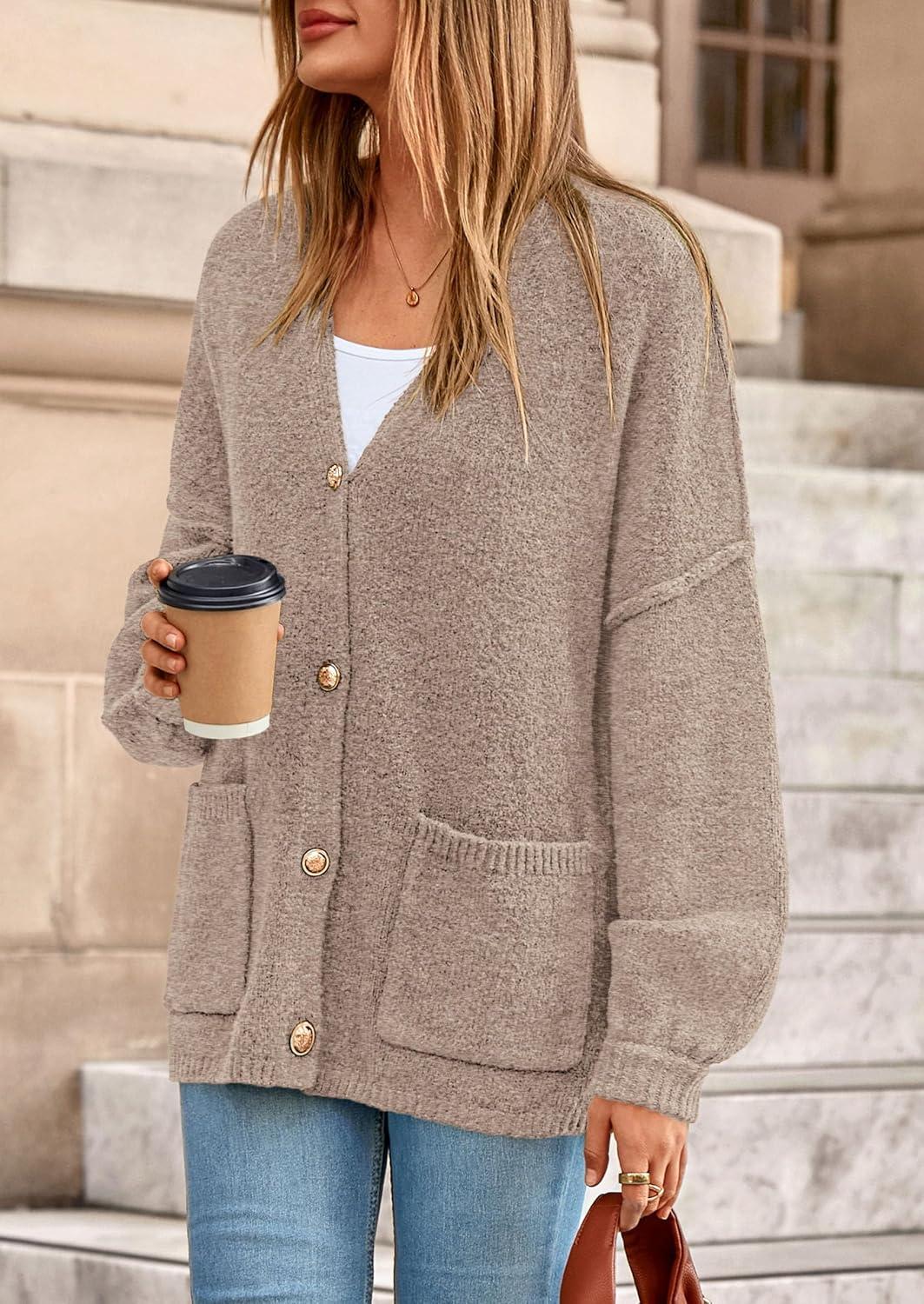 imagePRETTYGARDEN Fall Chunky Cardigan Sweaters for Women 2026 Button Long Lantern Sleeve Knit Oversized Coats with PocketsLight Khaki