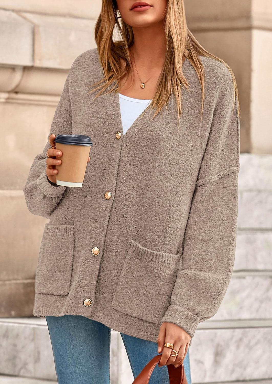 imagePRETTYGARDEN Fall Chunky Cardigan Sweaters for Women 2026 Button Long Lantern Sleeve Knit Oversized Coats with PocketsLight Khaki