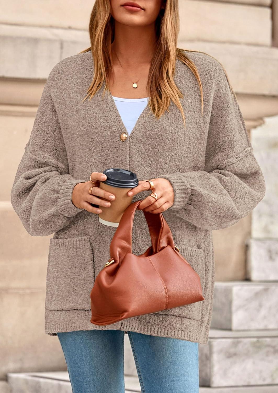 imagePRETTYGARDEN Fall Chunky Cardigan Sweaters for Women 2026 Button Long Lantern Sleeve Knit Oversized Coats with PocketsLight Khaki