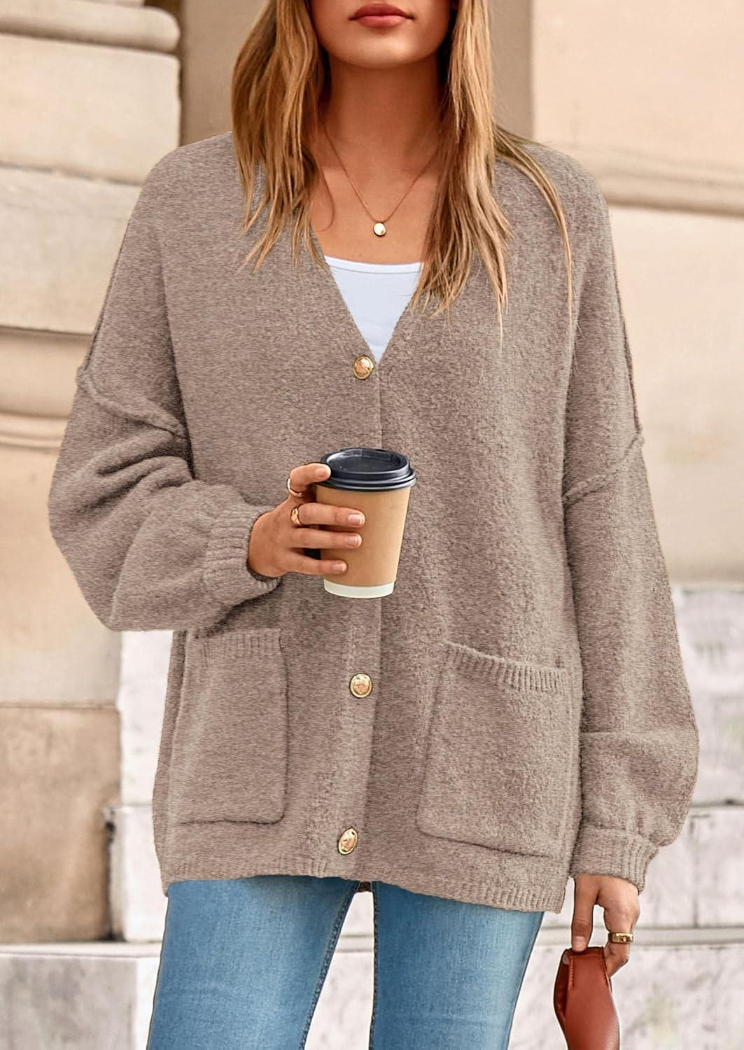 imagePRETTYGARDEN Fall Chunky Cardigan Sweaters for Women 2026 Button Long Lantern Sleeve Knit Oversized Coats with PocketsLight Khaki