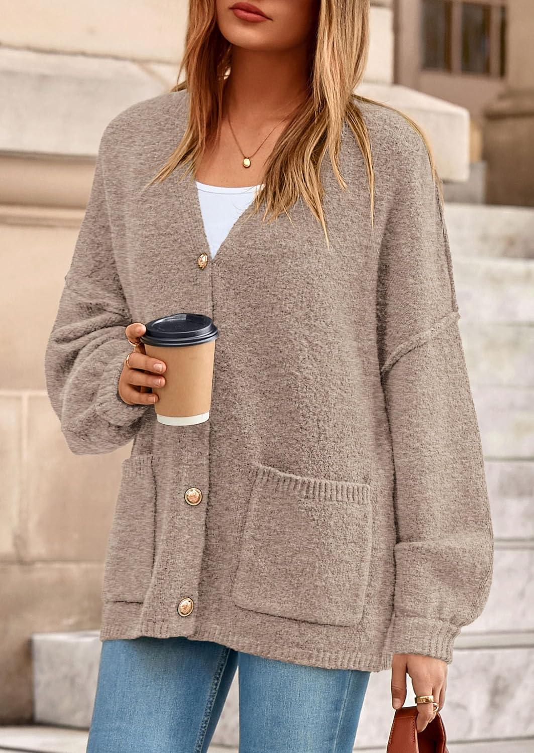 imagePRETTYGARDEN Fall Chunky Cardigan Sweaters for Women 2026 Button Long Lantern Sleeve Knit Oversized Coats with PocketsLight Khaki