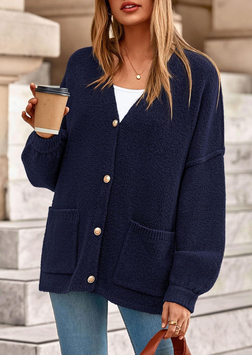 imagePRETTYGARDEN Fall Chunky Cardigan Sweaters for Women 2026 Button Long Lantern Sleeve Knit Oversized Coats with PocketsNavy