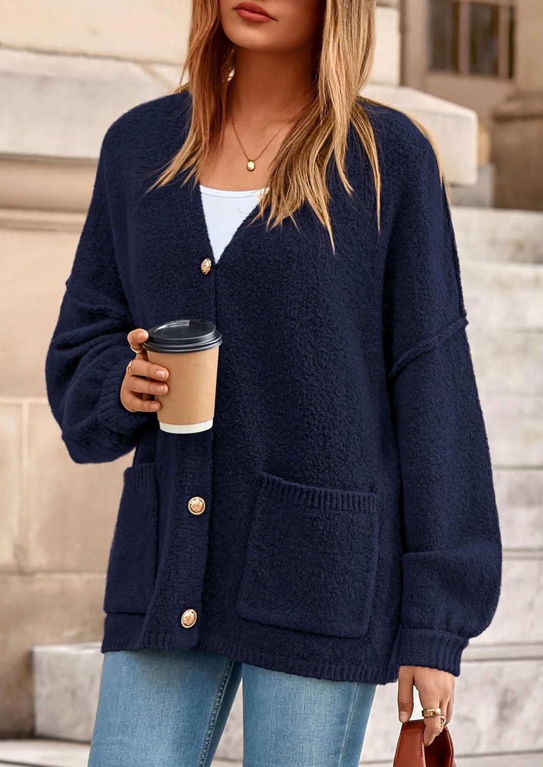 imagePRETTYGARDEN Fall Chunky Cardigan Sweaters for Women 2026 Button Long Lantern Sleeve Knit Oversized Coats with PocketsNavy