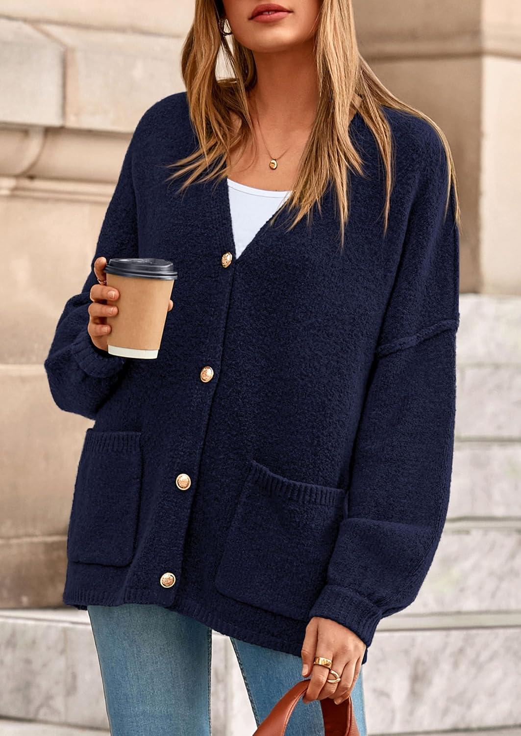 imagePRETTYGARDEN Fall Chunky Cardigan Sweaters for Women 2026 Button Long Lantern Sleeve Knit Oversized Coats with PocketsNavy