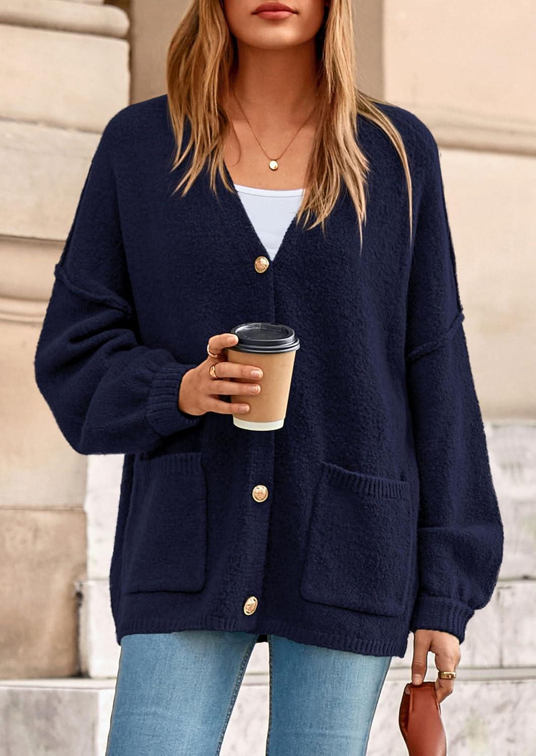 imagePRETTYGARDEN Fall Chunky Cardigan Sweaters for Women 2026 Button Long Lantern Sleeve Knit Oversized Coats with PocketsNavy