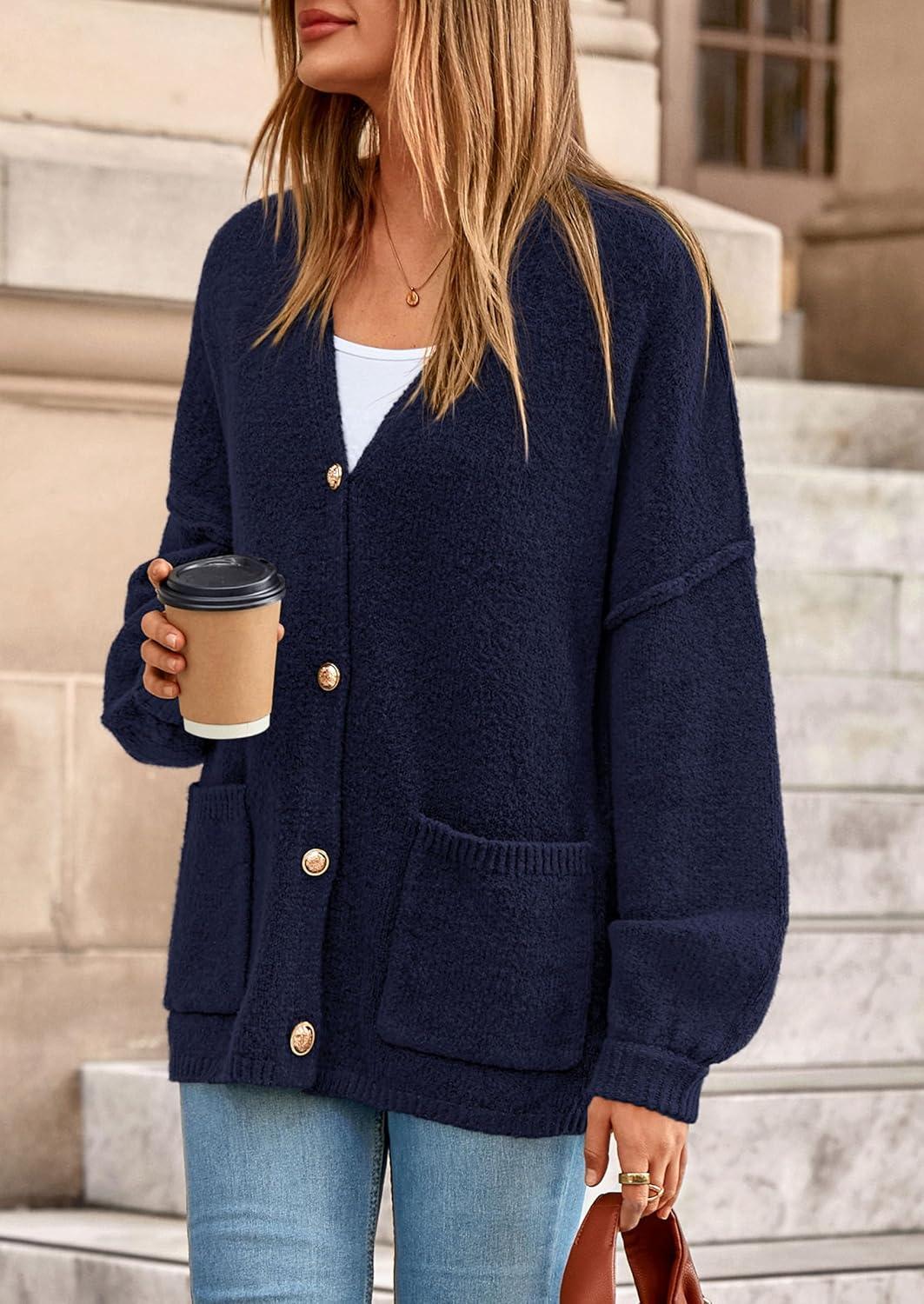 imagePRETTYGARDEN Fall Chunky Cardigan Sweaters for Women 2026 Button Long Lantern Sleeve Knit Oversized Coats with PocketsNavy