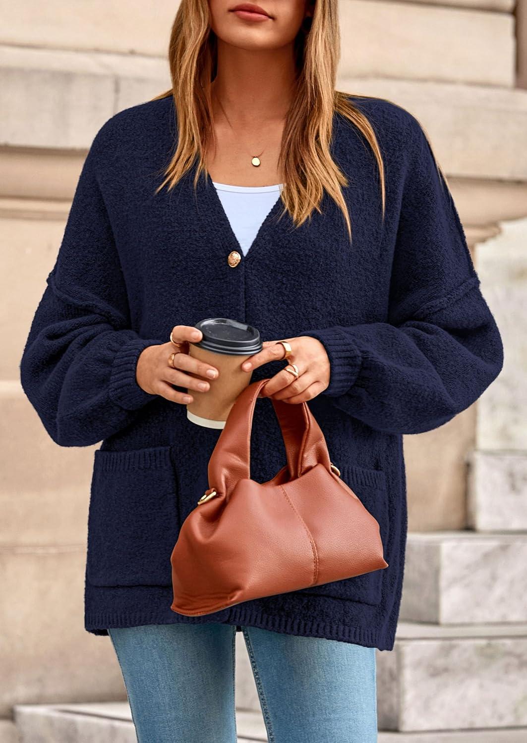 imagePRETTYGARDEN Fall Chunky Cardigan Sweaters for Women 2026 Button Long Lantern Sleeve Knit Oversized Coats with PocketsNavy