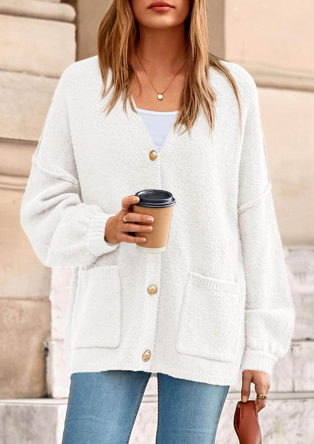 imagePRETTYGARDEN Fall Chunky Cardigan Sweaters for Women 2026 Button Long Lantern Sleeve Knit Oversized Coats with PocketsWhite