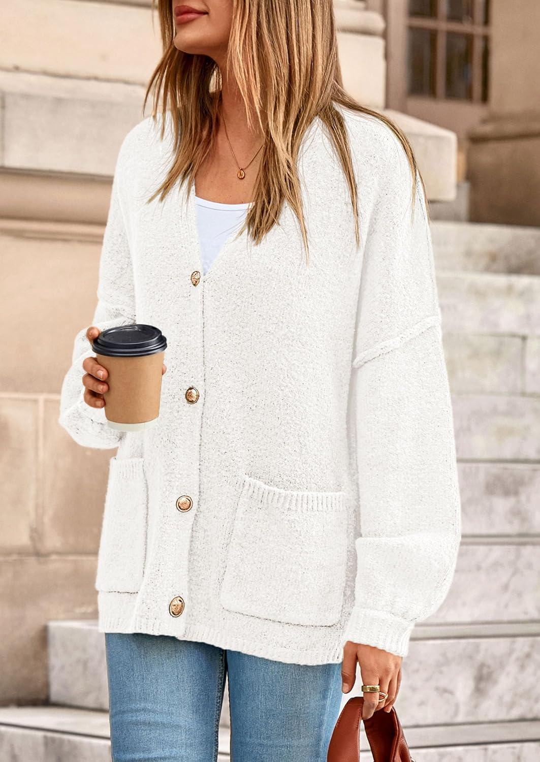 imagePRETTYGARDEN Fall Chunky Cardigan Sweaters for Women 2026 Button Long Lantern Sleeve Knit Oversized Coats with PocketsWhite