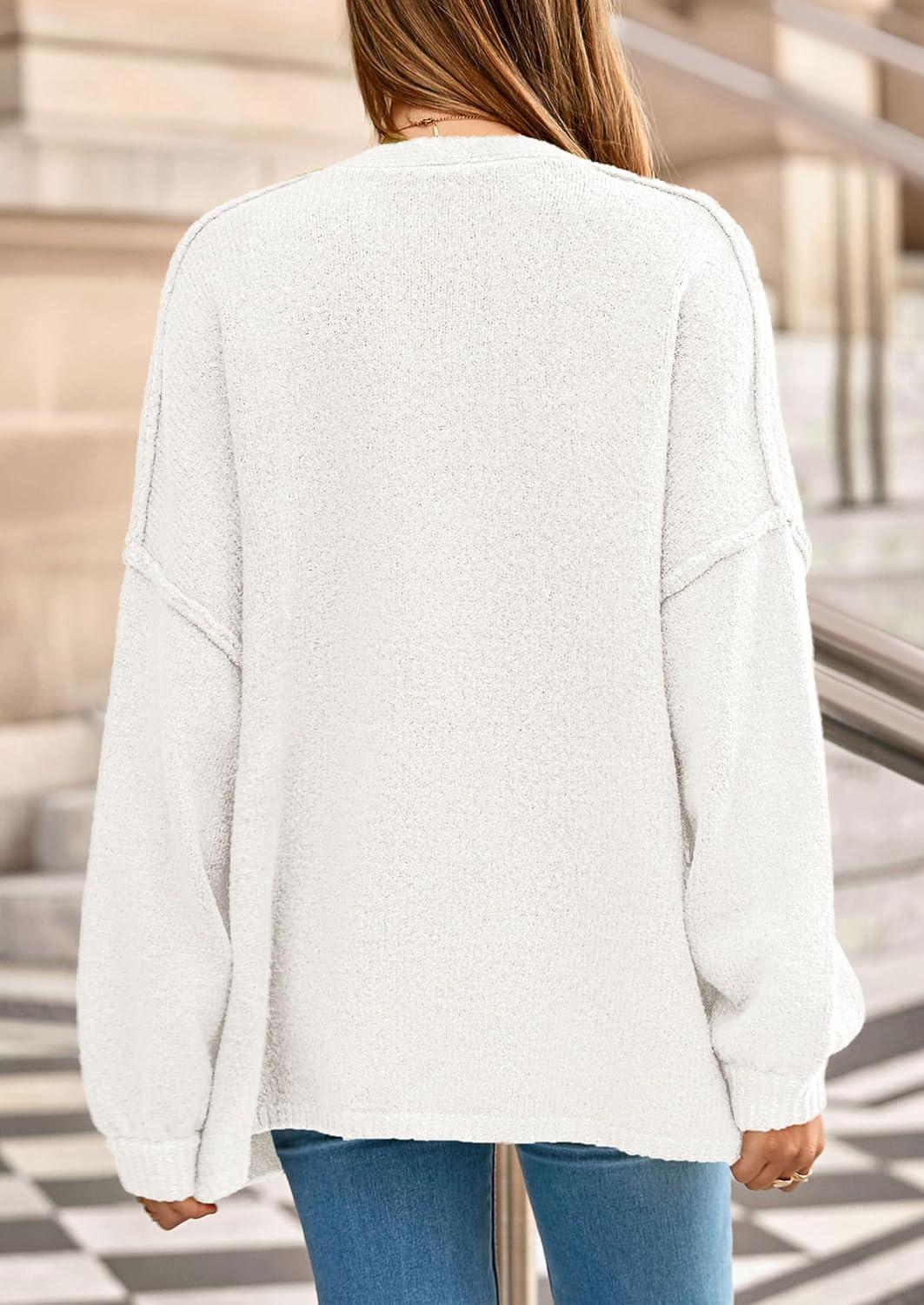 imagePRETTYGARDEN Fall Chunky Cardigan Sweaters for Women 2026 Button Long Lantern Sleeve Knit Oversized Coats with PocketsWhite