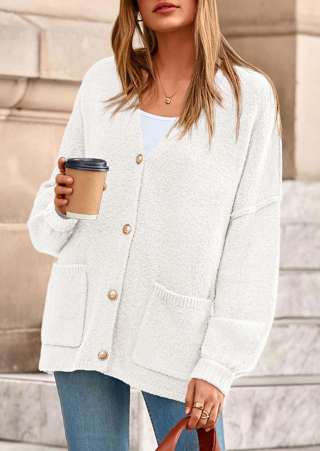 imagePRETTYGARDEN Fall Chunky Cardigan Sweaters for Women 2026 Button Long Lantern Sleeve Knit Oversized Coats with PocketsWhite
