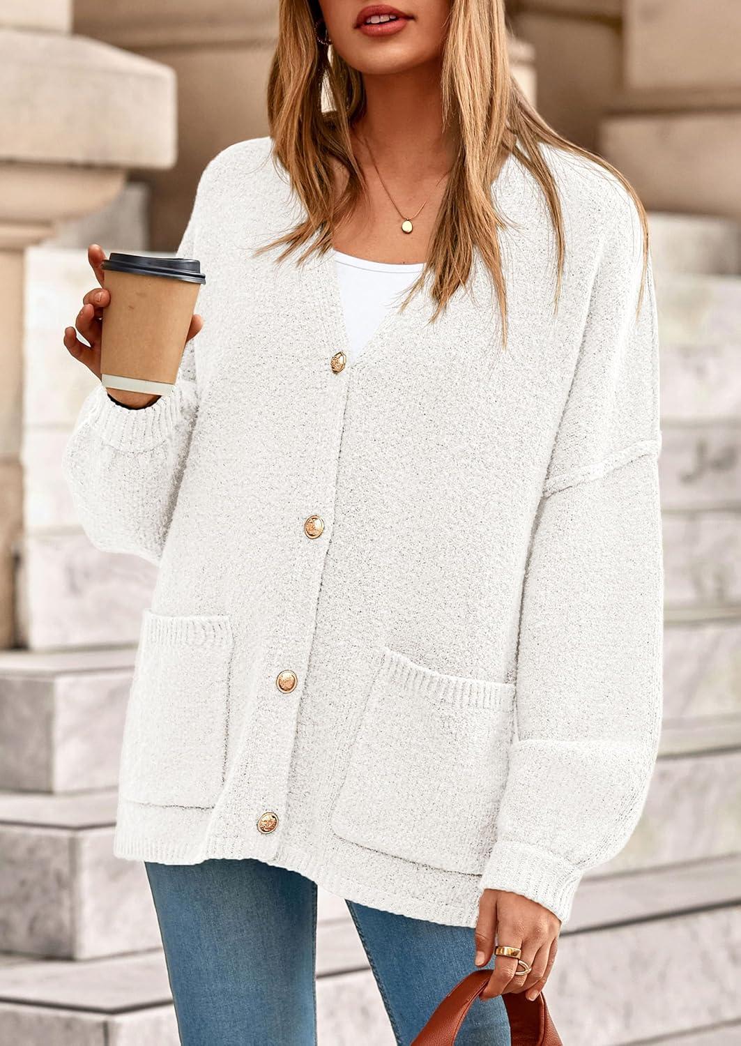 imagePRETTYGARDEN Fall Chunky Cardigan Sweaters for Women 2026 Button Long Lantern Sleeve Knit Oversized Coats with PocketsWhite