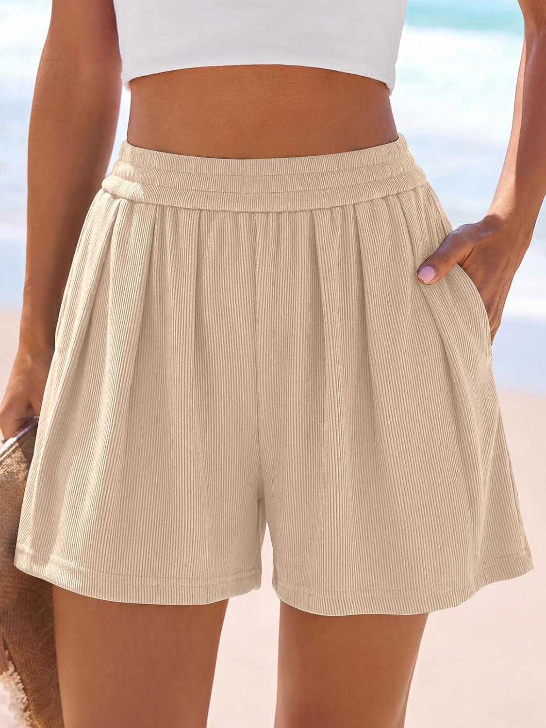 imagePRETTYGARDEN Flowy Summer Shorts for Women High Waisted Wide Leg Knitted Wide Leg Soft Pajama Shorts Women Vacation OutfitsApricot