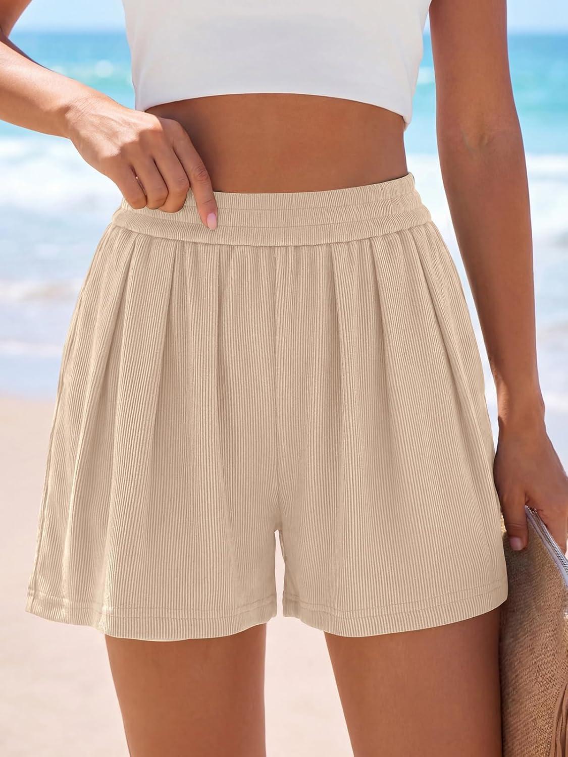 imagePRETTYGARDEN Flowy Summer Shorts for Women High Waisted Wide Leg Knitted Wide Leg Soft Pajama Shorts Women Vacation OutfitsApricot