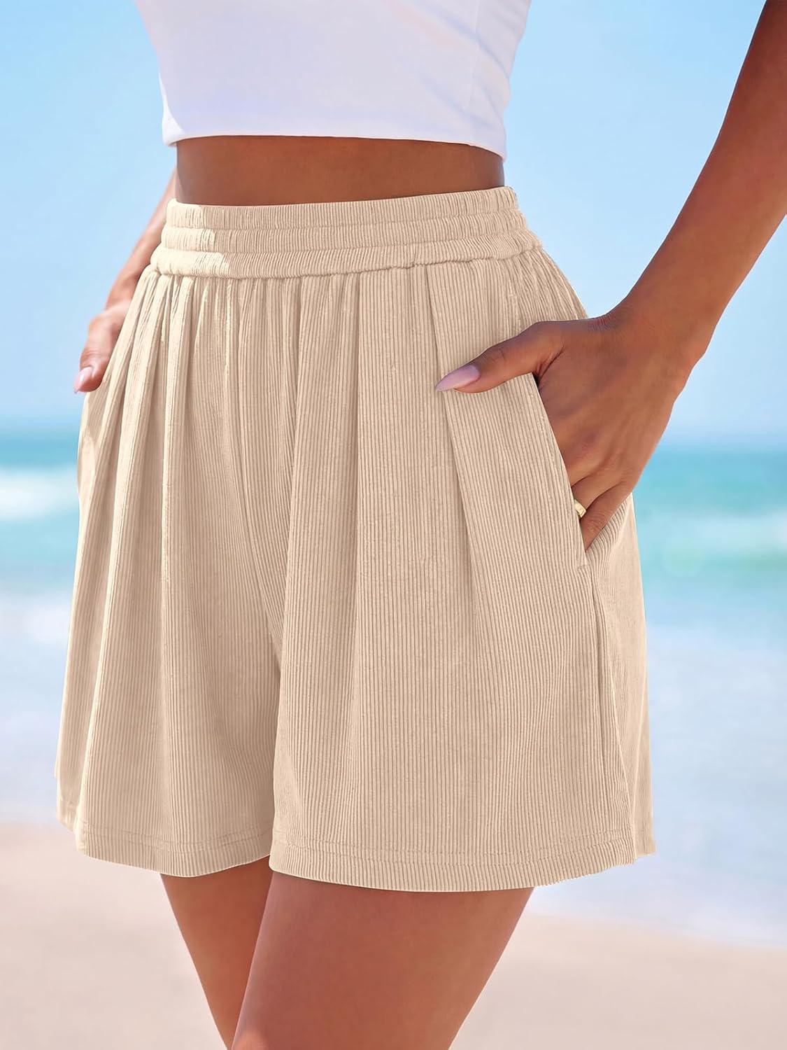 imagePRETTYGARDEN Flowy Summer Shorts for Women High Waisted Wide Leg Knitted Wide Leg Soft Pajama Shorts Women Vacation OutfitsApricot