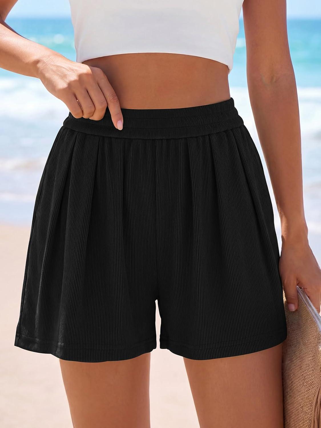 imagePRETTYGARDEN Flowy Summer Shorts for Women High Waisted Wide Leg Knitted Wide Leg Soft Pajama Shorts Women Vacation OutfitsBlack