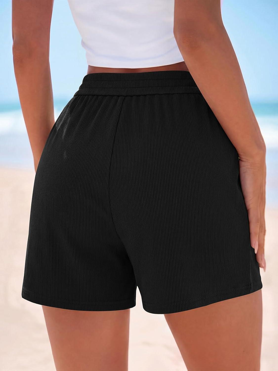 imagePRETTYGARDEN Flowy Summer Shorts for Women High Waisted Wide Leg Knitted Wide Leg Soft Pajama Shorts Women Vacation OutfitsBlack