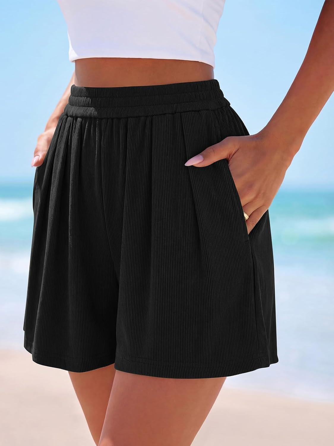 imagePRETTYGARDEN Flowy Summer Shorts for Women High Waisted Wide Leg Knitted Wide Leg Soft Pajama Shorts Women Vacation OutfitsBlack