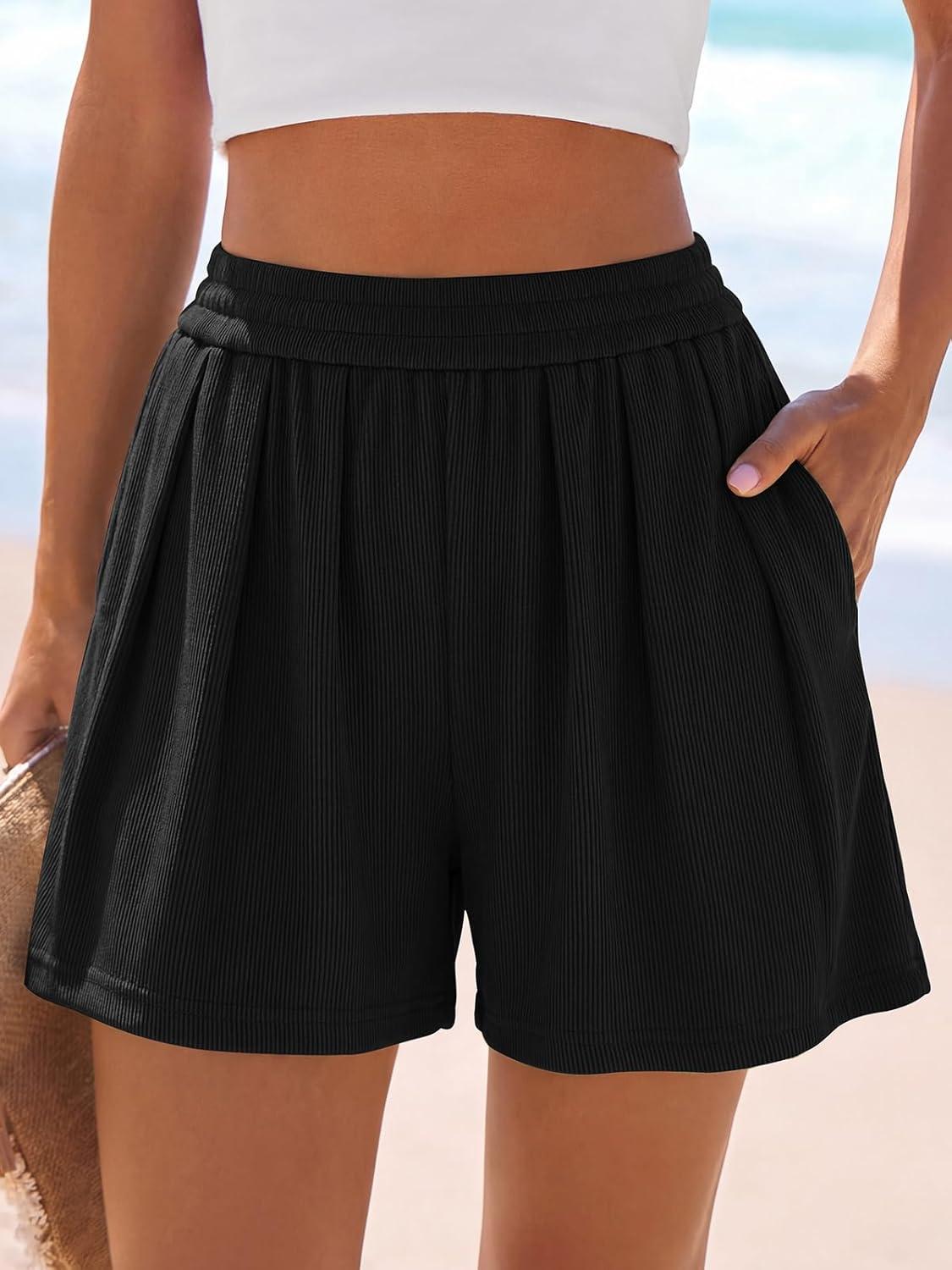 imagePRETTYGARDEN Flowy Summer Shorts for Women High Waisted Wide Leg Knitted Wide Leg Soft Pajama Shorts Women Vacation OutfitsBlack