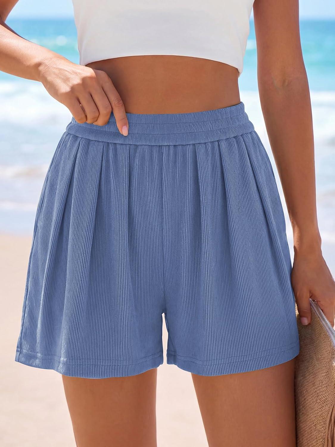 imagePRETTYGARDEN Flowy Summer Shorts for Women High Waisted Wide Leg Knitted Wide Leg Soft Pajama Shorts Women Vacation OutfitsGrey Blue