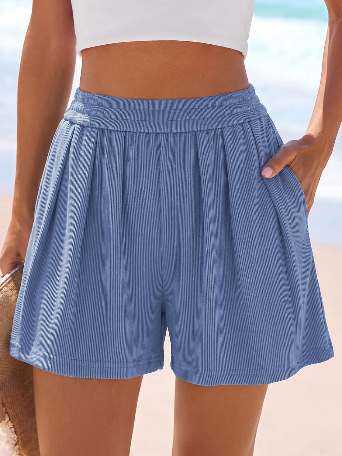imagePRETTYGARDEN Flowy Summer Shorts for Women High Waisted Wide Leg Knitted Wide Leg Soft Pajama Shorts Women Vacation OutfitsGrey Blue