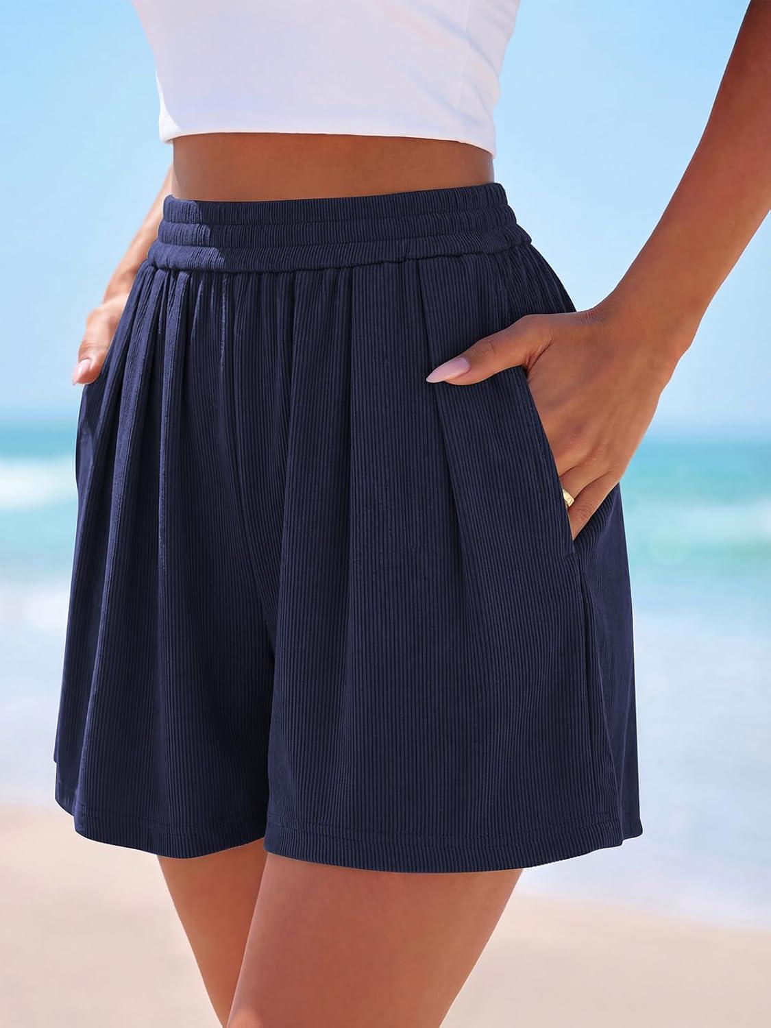 imagePRETTYGARDEN Flowy Summer Shorts for Women High Waisted Wide Leg Knitted Wide Leg Soft Pajama Shorts Women Vacation OutfitsNavy Blue