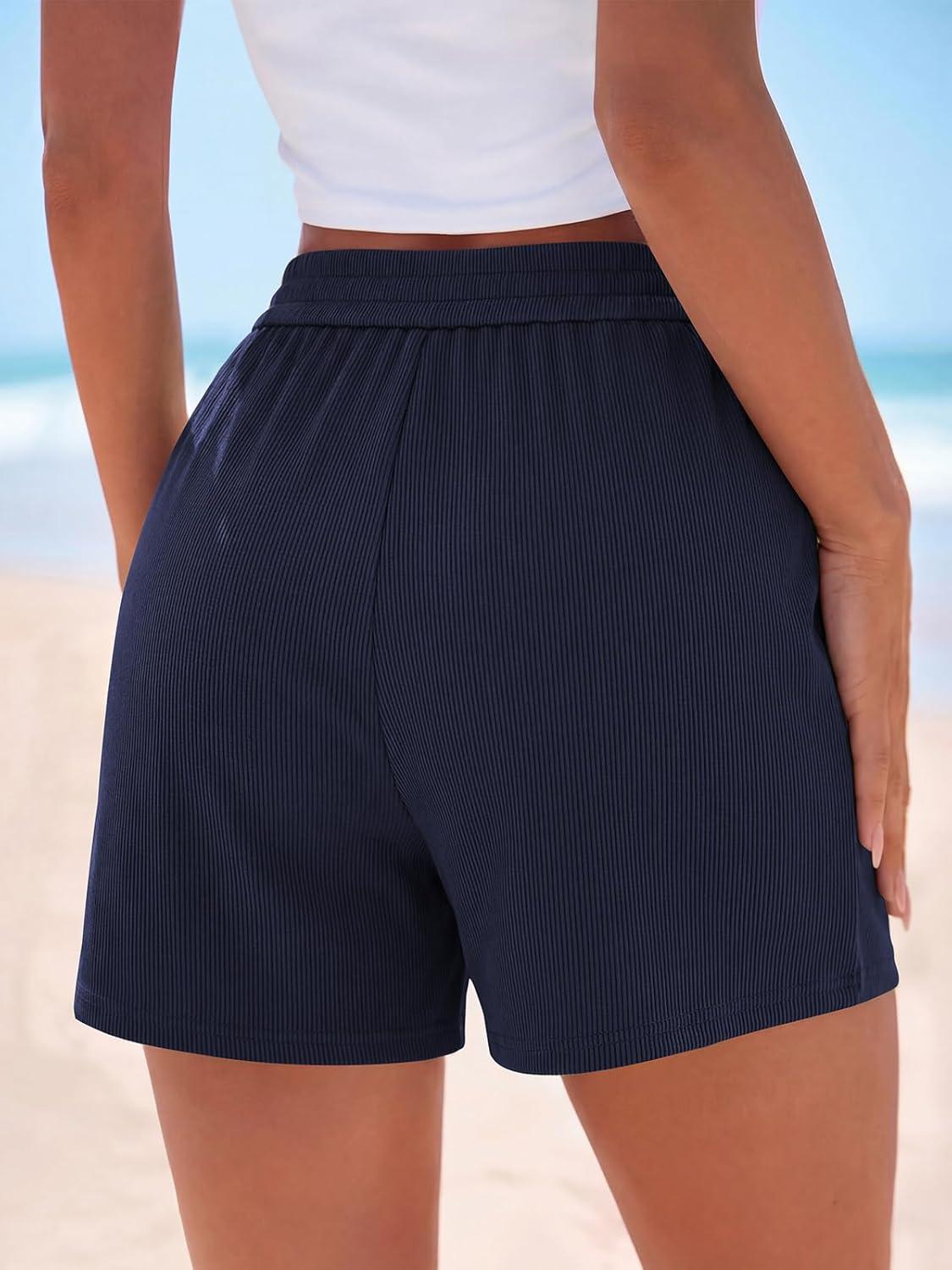 imagePRETTYGARDEN Flowy Summer Shorts for Women High Waisted Wide Leg Knitted Wide Leg Soft Pajama Shorts Women Vacation OutfitsNavy Blue