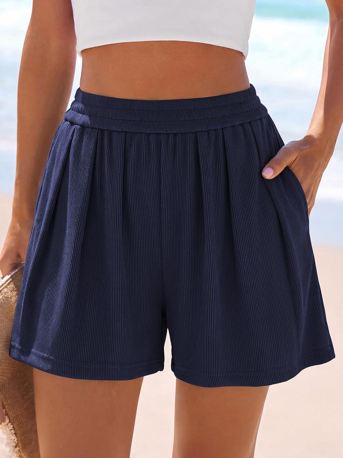 imagePRETTYGARDEN Flowy Summer Shorts for Women High Waisted Wide Leg Knitted Wide Leg Soft Pajama Shorts Women Vacation OutfitsNavy Blue