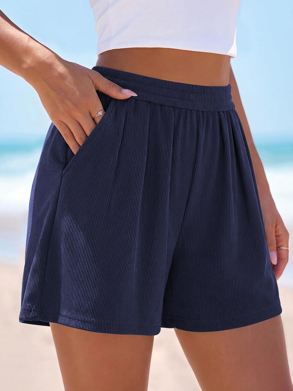 imagePRETTYGARDEN Flowy Summer Shorts for Women High Waisted Wide Leg Knitted Wide Leg Soft Pajama Shorts Women Vacation OutfitsNavy Blue